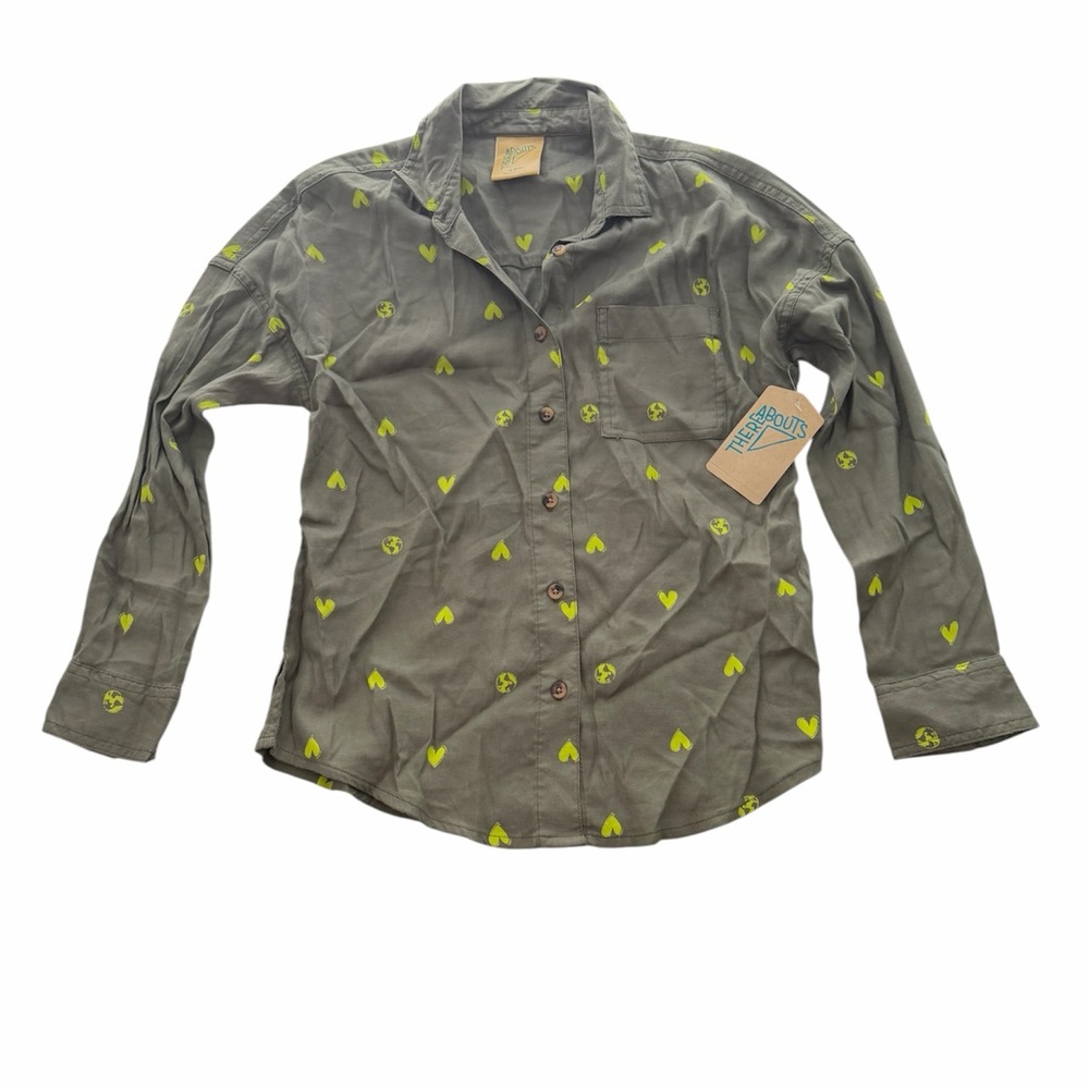 Trendy Olive Green Button-Down Shirt with Heart Accents